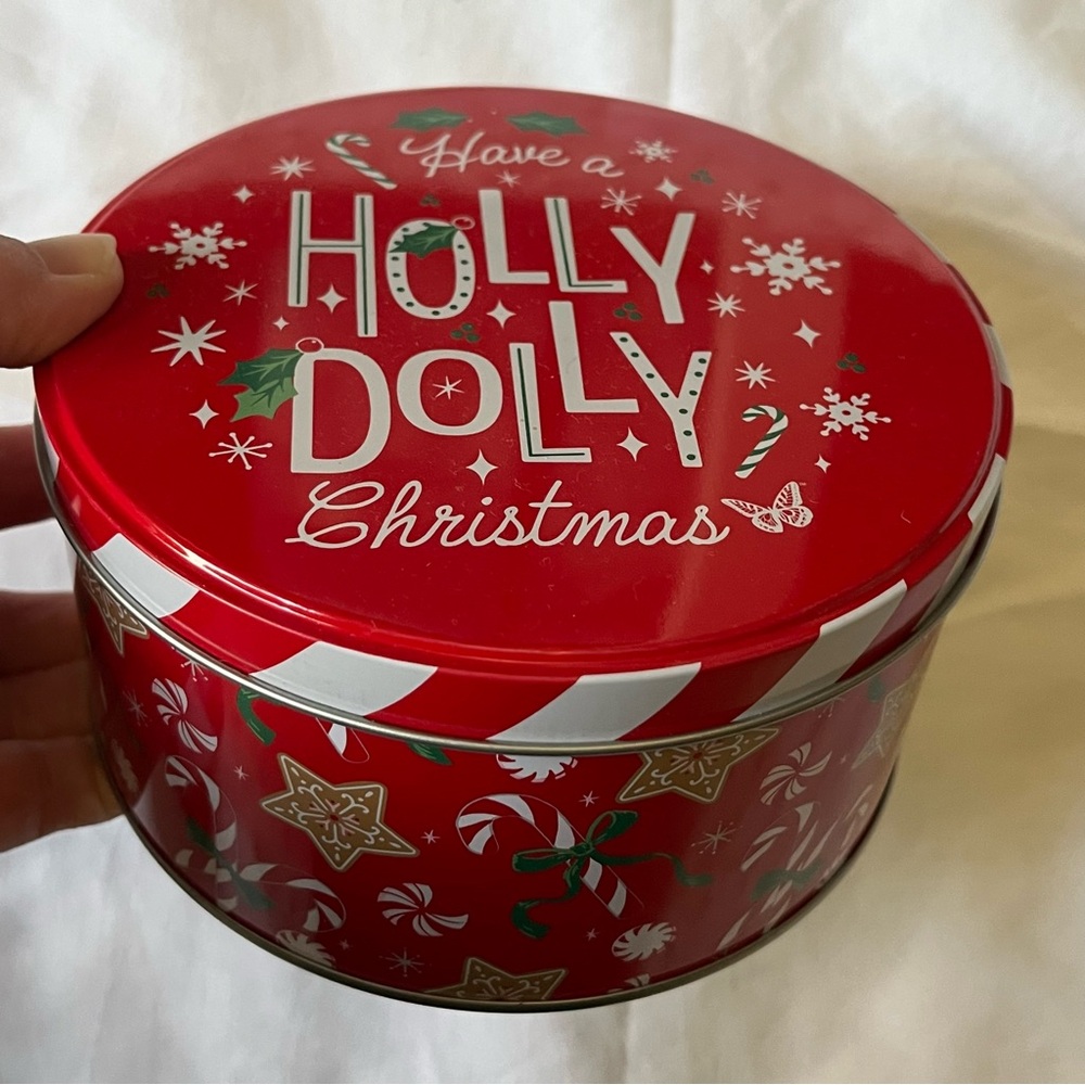 DOLLY PARTON Red Have a Holly Dolly Christmas Round Tin Small Cookie Storage